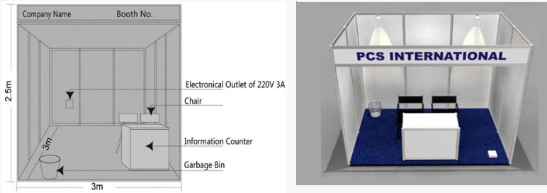 Shell scheme stall layout - 3m x 3m booth with 2.5m height, electrical outlet, chairs, information counter and garbage bin